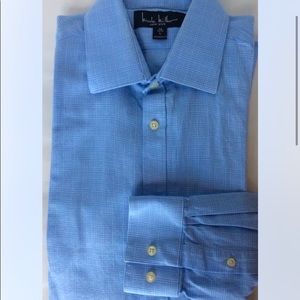 Nicole Miller Men Dress Shirt Blue Plaid Long Sleeve Cotton 16 L Modern Fit
